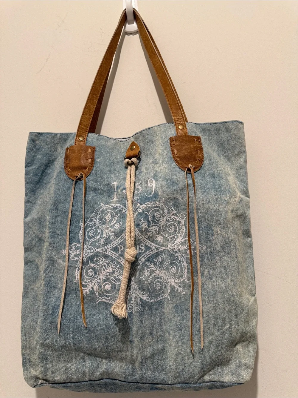 Denim Blue Tote with Brown Leather Handles and Tassel